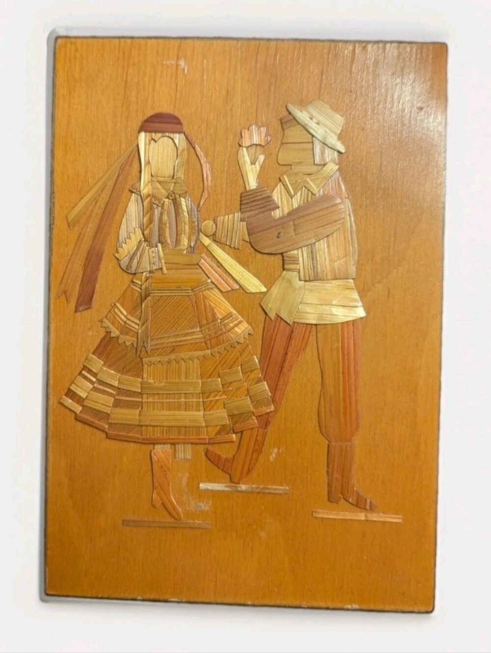 Vintage Polish Krakowiacy Handmade Wood Folk Art Plaque of Straw Dancers